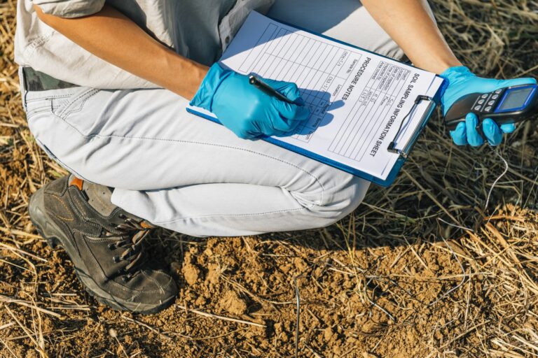 Soil Thermometer. Female Agronomist Measuring Soil Temperature